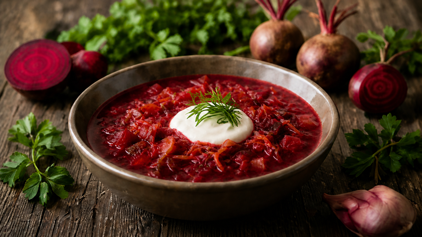 Traditional Ukrainian borscht with beetroot and herbs